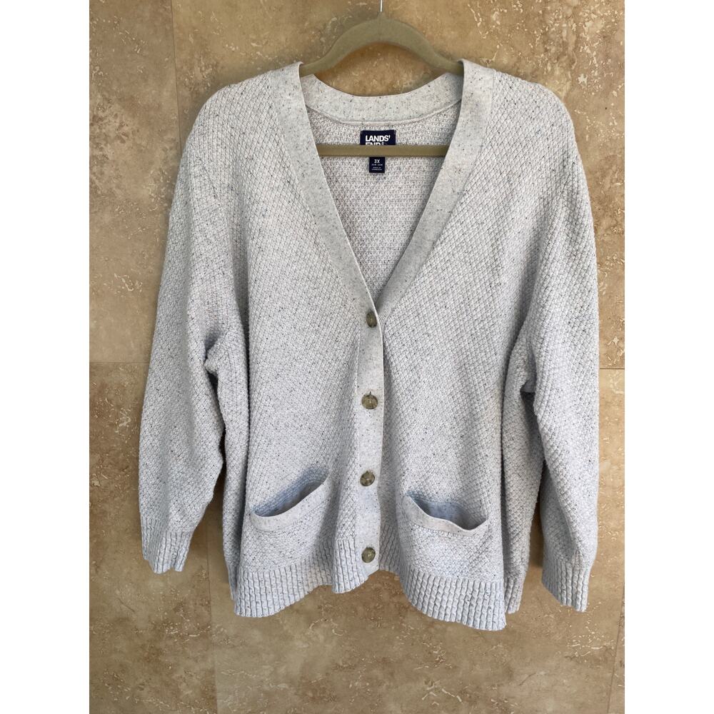 Lands End Cardigan Sweater 3X Cotton Waffle Knit Gray Speckled Long Sleeve - Picture 2 of 9